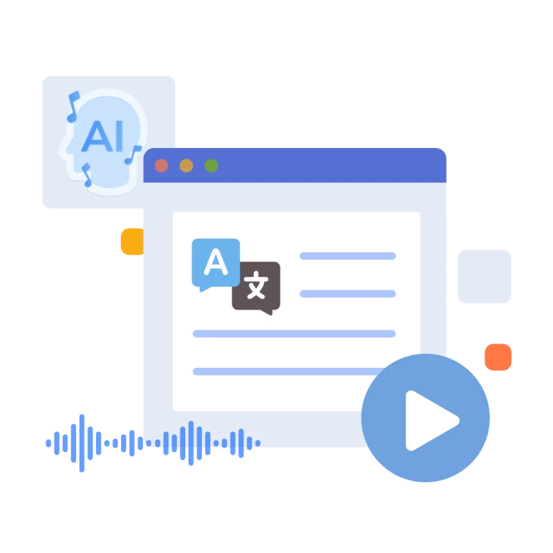Illustration of an AI-powered tool for audio translation, which takes a media file and automatically generates text in another language.