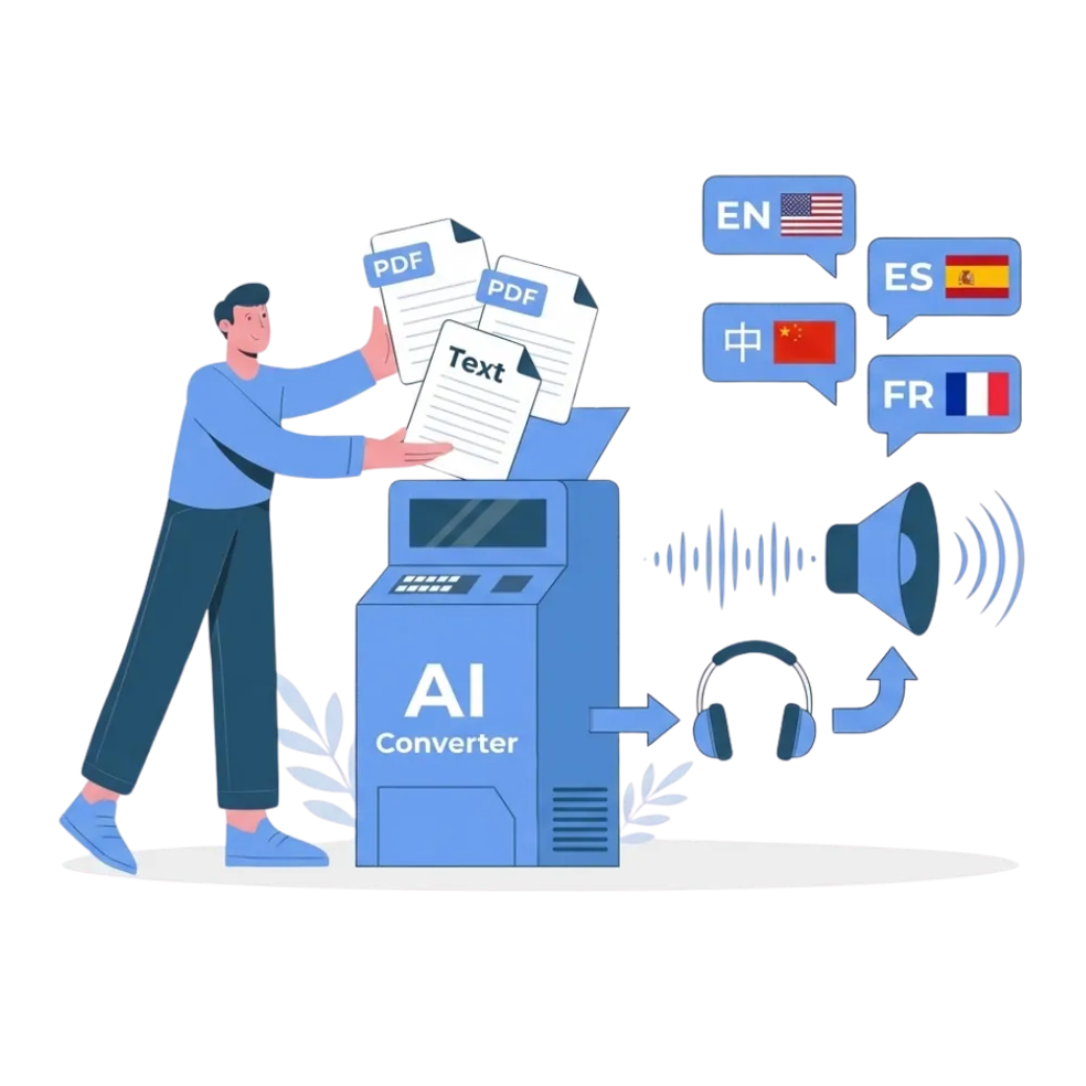 AI ツールがテキストや PDF ファイルを様々な言語の音声に変換し、聴くことができる様子を示すグラフィック。