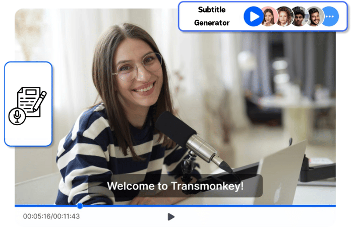 Flowchart showing Transmonkey's AI automatically converting audio into video subtitles.