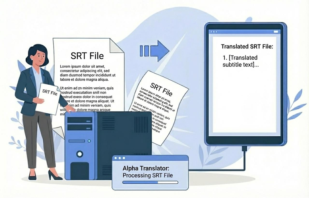 Ilustracja pokazująca, że pliki SRT można tłumaczyć na wiele języków
