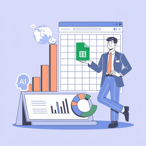 Concept illustration of a businessman using AI tools to perform data analysis and globalization in Google Sheets