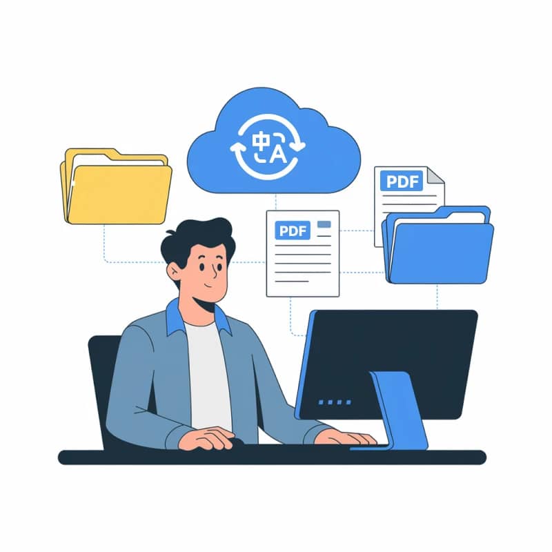 일러스트레이션에 PDF 번역기로 작업하는 남자가 나타나 있습니다