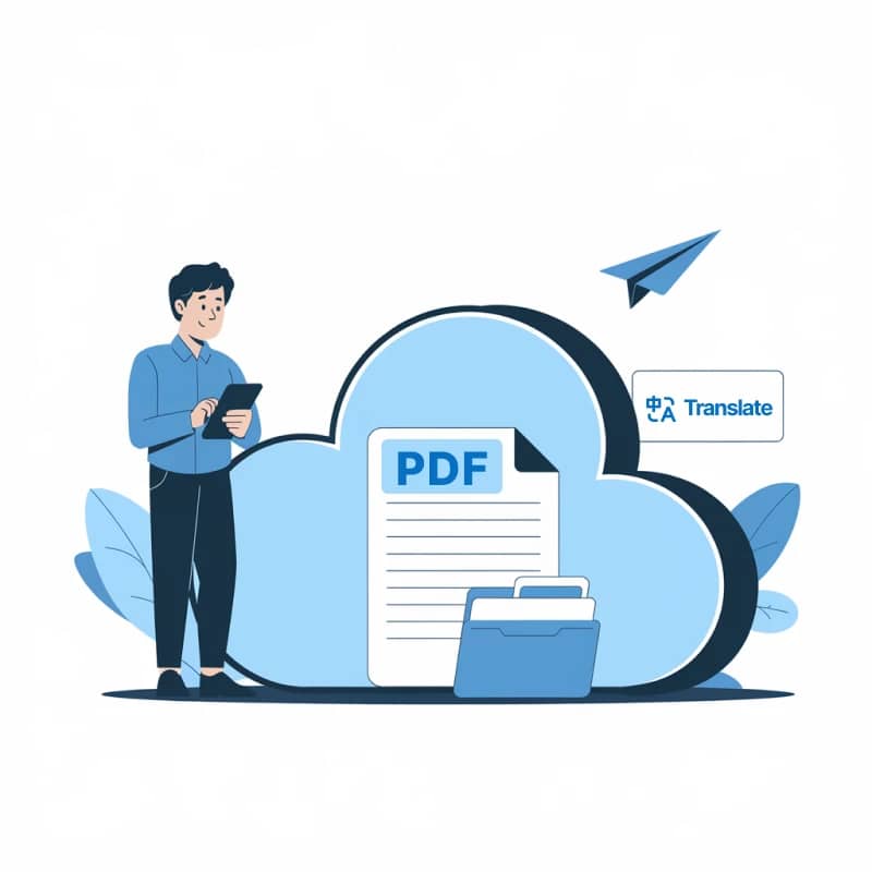 PDF를 번역하고 전송하는 시나리오를 보여주는 일러스트레이션